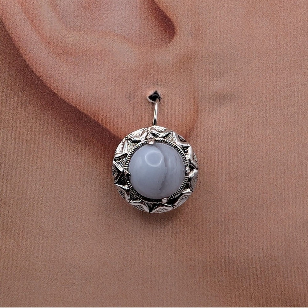Sterling Silver 925 Blue Lace Agate Round Leverback Drop Earrings Marked D